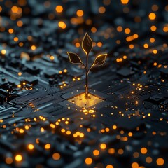 Wall Mural - 3d render of macro circuit board with metal plant shoot on dark minimalist background