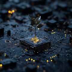Wall Mural - 3d render of macro circuit board with metal plant shoot on dark minimalist background