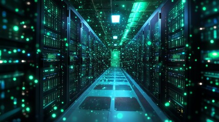 Wall Mural - green technology icons and coding over a data server room highlighting sustainability