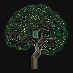 Wall Mural - vector printed circuit board green tree with brain branches, cpu concept illustration, minimalist