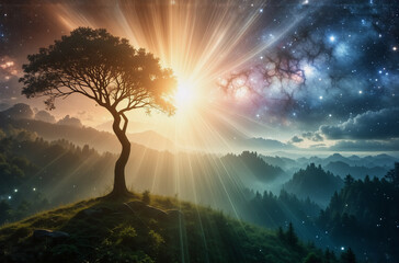 Canvas Print - a lone tree stands silhouetted on a hill as a powerful light source bursts forth against a backdrop 