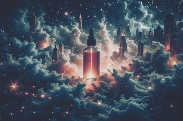Wall Mural - a glowing bottle stands amidst swirling clouds at night, distant buildings faintly visible in the da