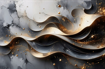 Wall Mural - elegant abstract flowing waves in shades of grey and gold with shimmering golden elements create a l