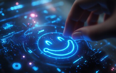 Aufkleber - Hand pressing on a blue digital interface with a smiley face, futuristic design, glowing elements, generative AI, hightech, digital interaction concept