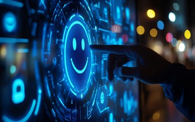 Aufkleber - Hand pressing on a blue digital interface with a smiley face, futuristic design, glowing elements, generative AI, hightech, digital interaction concept