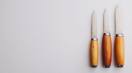 Three knives with wooden handles on white background. Kitchen tools.  Possible use Food preparation