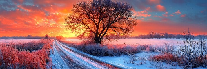 Wall Mural - Winter Sunrise on a Snowy Road