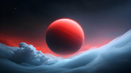 Wall Mural - red planet over blue clouds in a futuristic space nebula