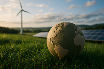 renewable energy concept with wind turbine solar panel and globe on green grass field at sunset
