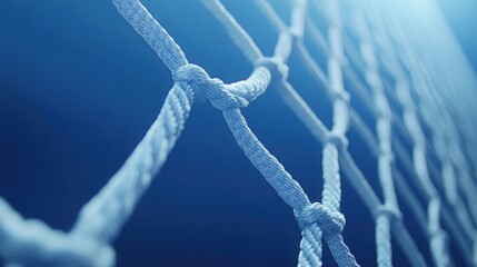 Close-up of white rope net on blue background