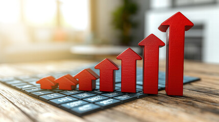 Fototapete - clear photo realistic image of graph showing increasing upward trends with red arrows on wooden table, symbolizing economic growth and success, perfect for commercial advertising