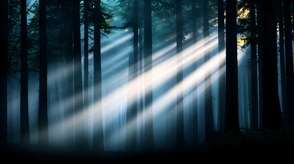 Wall Mural - sunbeams in a dark forest