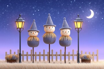 a realistic pumpkin patch at twilight with scarecrows and glowing lanterns