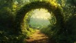 © rak - A dreamy portal framed by lush greenery leads to a distant cityscape evoking tranquility and the harmonious blend of nature and urban life