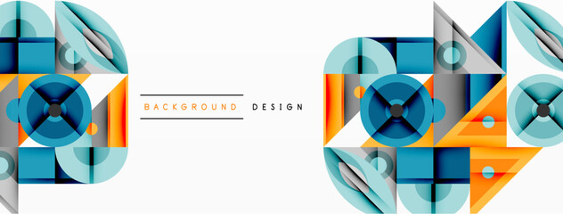 Fototapete - Abstract geometric patterns dominate composition. Blue, orange, gray shapes intersect, creating dynamic visual effect. Clean lines, modern aesthetic. Minimalist design suitable backgrounds.