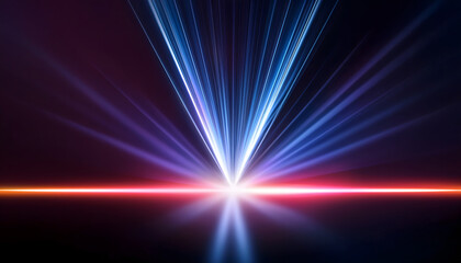 Fototapete - Vibrant beams of light radiate from a central point against a dark background, creating a dramatic and colorful visual effect