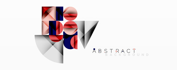 Fototapete - Abstract geometric composition. Overlapping shapes create dynamic visual effect. Red, blue, gray tones dominate design. Modern, minimalist aesthetic.