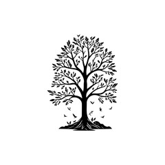 elegant silhouette design showcasing a flourishing tree with birds in flight