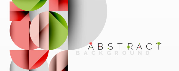 Leinwandbilder - Modern abstract background features overlapping circles, squares, rectangles. Red, green, gray colors create dynamic composition. Minimalist design, clean aesthetic.