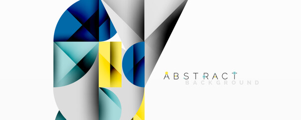 Fototapete - Geometric shapes create modern design. Blue, yellow, gray tones blend seamlessly. Minimalist composition offers clean aesthetic, suitable for backgrounds, presentations.