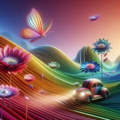 Wall Mural - a surreal landscape with flowers that shift colors via layered f