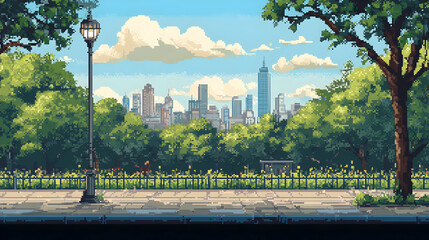 pixel art cityscape view from green park with tall buildings under blue sky during day time