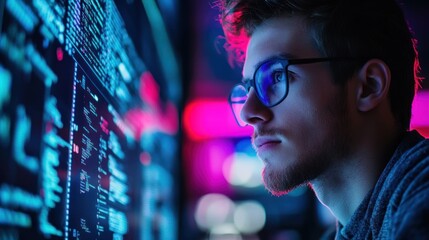 Focused developer immersed in coding on a futuristic illuminated interface