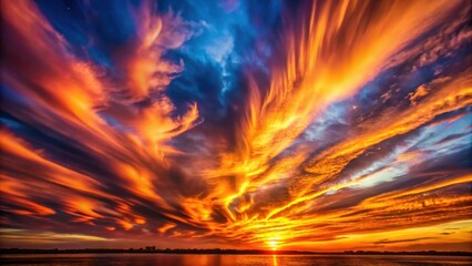 Wall Mural - fiery sunset hues paint the evening sky with dynamic cloud streaks over calm waters
