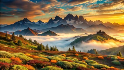 Wall Mural - golden hour sunrise over majestic mountain range and autumnal hills