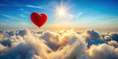 Wall Mural - heart-shaped balloon ascends through a breathtaking sunset above a sea of fluffy clouds