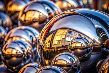 Canvas Print - chrome texture with polished metallic spheres reflecting cityscape