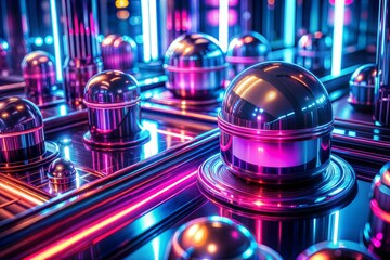 Canvas Print - neon lit reflective chrome spheres in futuristic chrome texture