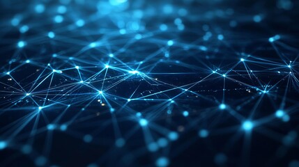 A digital network of interconnected blue nodes with connecting lines on a dark background design