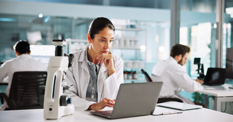 Poster - Thinking, laptop and reading with woman in laboratory for clinical trail, reflection and research. Medical journal report, vision and pharmacy drug development with person for healthcare and science