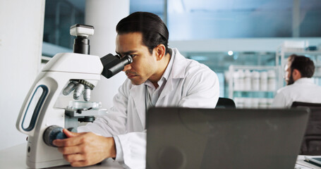 Aufkleber - Microscope, healthcare and research with man in laboratory for dna sample, forensics investigation and science. Laptop report, genetic analysis and medical test with person for pathology and clinic