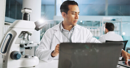 Aufkleber - Microscope, science and laptop with man in laboratory for dna sample, forensics investigation and healthcare. Research report, genetic analysis and medical test with person for pathology and clinic