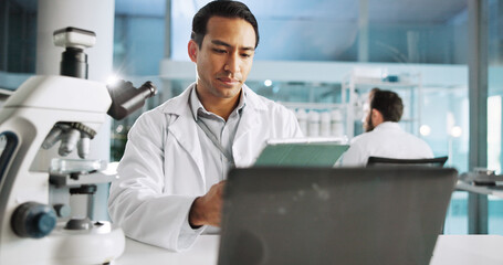 Aufkleber - Tablet, science and research with man in laboratory for DNA sample, forensics investigation and healthcare. Laptop report, genetic analysis and medical test with person for pathology and clinic