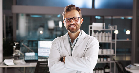 Aufkleber - Portrait, research and man in lab, arms crossed and career ambition with confidence. Face, happy person and scientist in workplace, medical innovation and development for cure, pride and smile