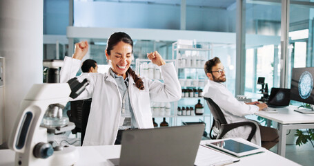 Poster - Woman, scientist and celebration with fist pump in lab with medical research, cheers or success. Person, equipment and clinical study for vaccine with goals, dna and laptop for pharmaceutical trial