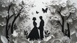 © Thiga.project - 3D paper-cut art of a wedding couple in the forest, with an black and white color palette, a white background