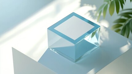 Wall Mural - 3d render of a blue glass cube with a white blank business card inside