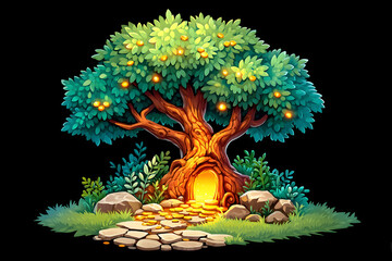 Wall Mural - Glowing tree with a hidden cave entrance, leading to a path of gold coins