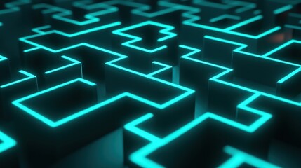3D render of an abstract background with glowing neon white and teal lines in the shape of a maze
