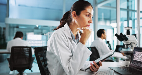 Aufkleber - Laptop, science and thinking with woman in laboratory for healthcare, medical or pharmaceutical innovation. Clipboard, computer and study with mature scientist in clinical trial for development
