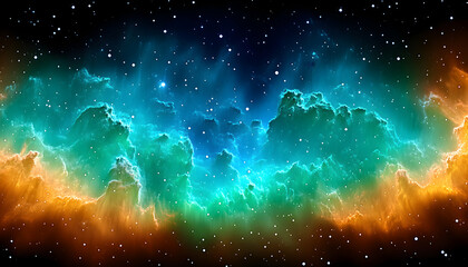 Wall Mural - Vibrant nebula with teal, orange, and blue hues, speckled with stars