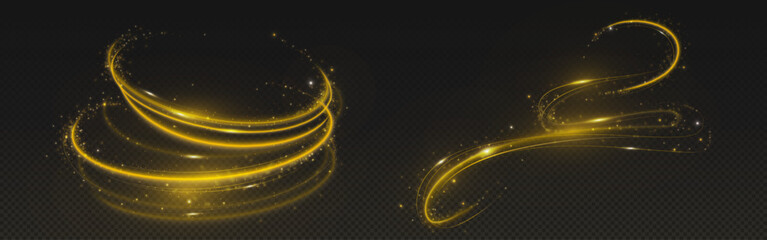 Wall Mural - golden magic light trails on black background. shiny gold dynamic waves with sparkling stardust effe