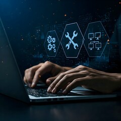 it support, customer service concept. computer engineer, technician coding on laptop computer connec