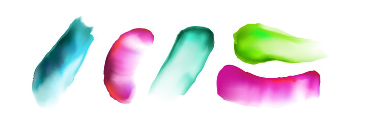 Wall Mural - Colorful watercolor paint brushstrokes set - vivid green, pink and blue gradient brush splatters. Modern fluid watercolour painting stains, blots, smudges pack. Vibrant liquid ink smear blobs.