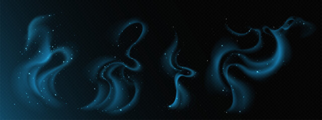 Wall Mural - magic smoke stars set isolated on transparent background. vector realistic illustration of neon blue