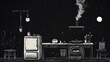 © Lesuna - Nighttime kitchen scene, rustic stove smoking, moonlit